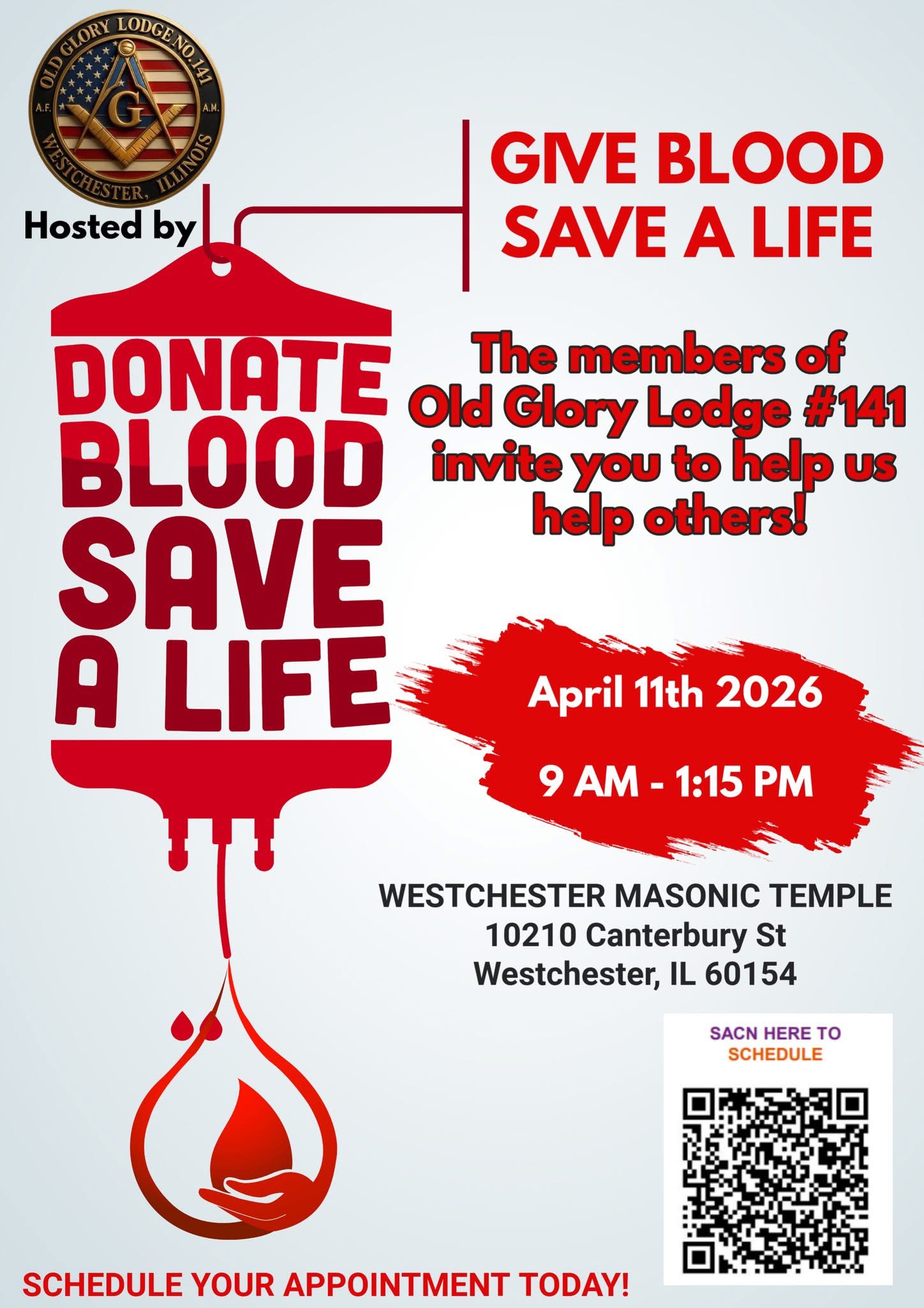 Community Blood Drive Hosted by Old Glory Lodge #141 on April 11th