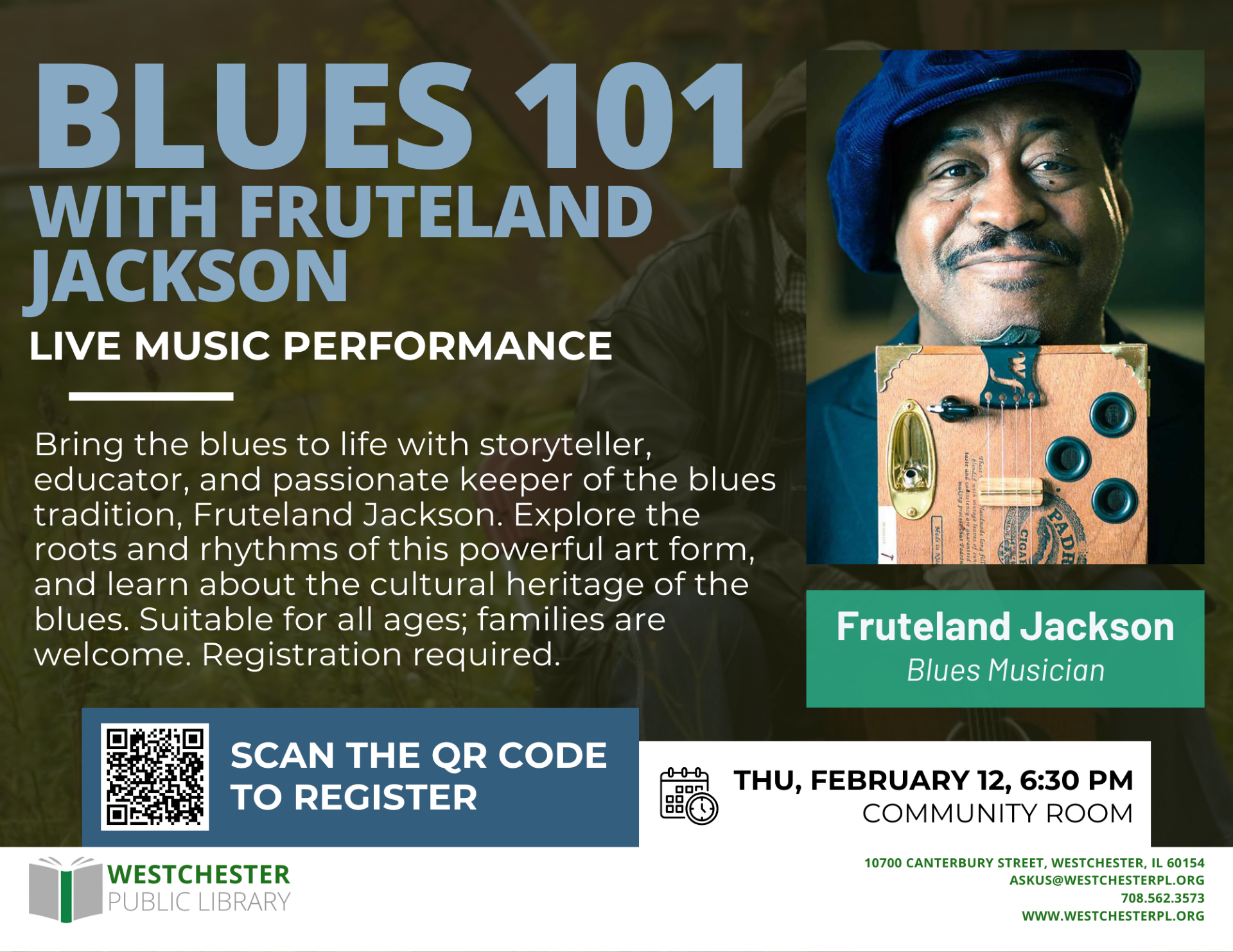 Blues 101 with Fruteland Jackson Coming to Westchester Public Library