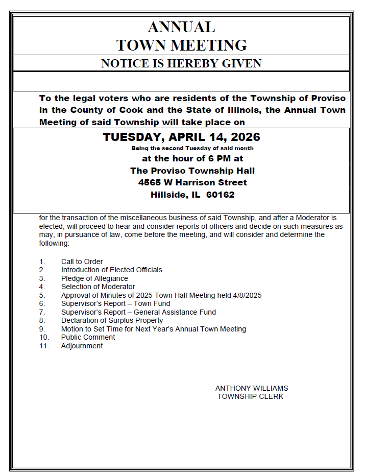 Proviso Township Annual Town Meeting Scheduled for April 14, 2026